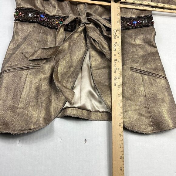 Nicole Miller Collection Linen Tie Front Blazer Metallic Gold Jacket Size 10 - Picture 6 of 11